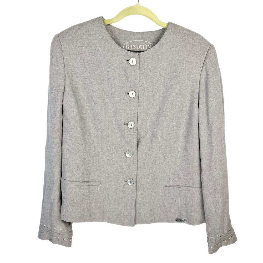 Giesswein Gray Collarless Single Breasted Embroidered‎ Cuff Blazer Jacket Sz 14